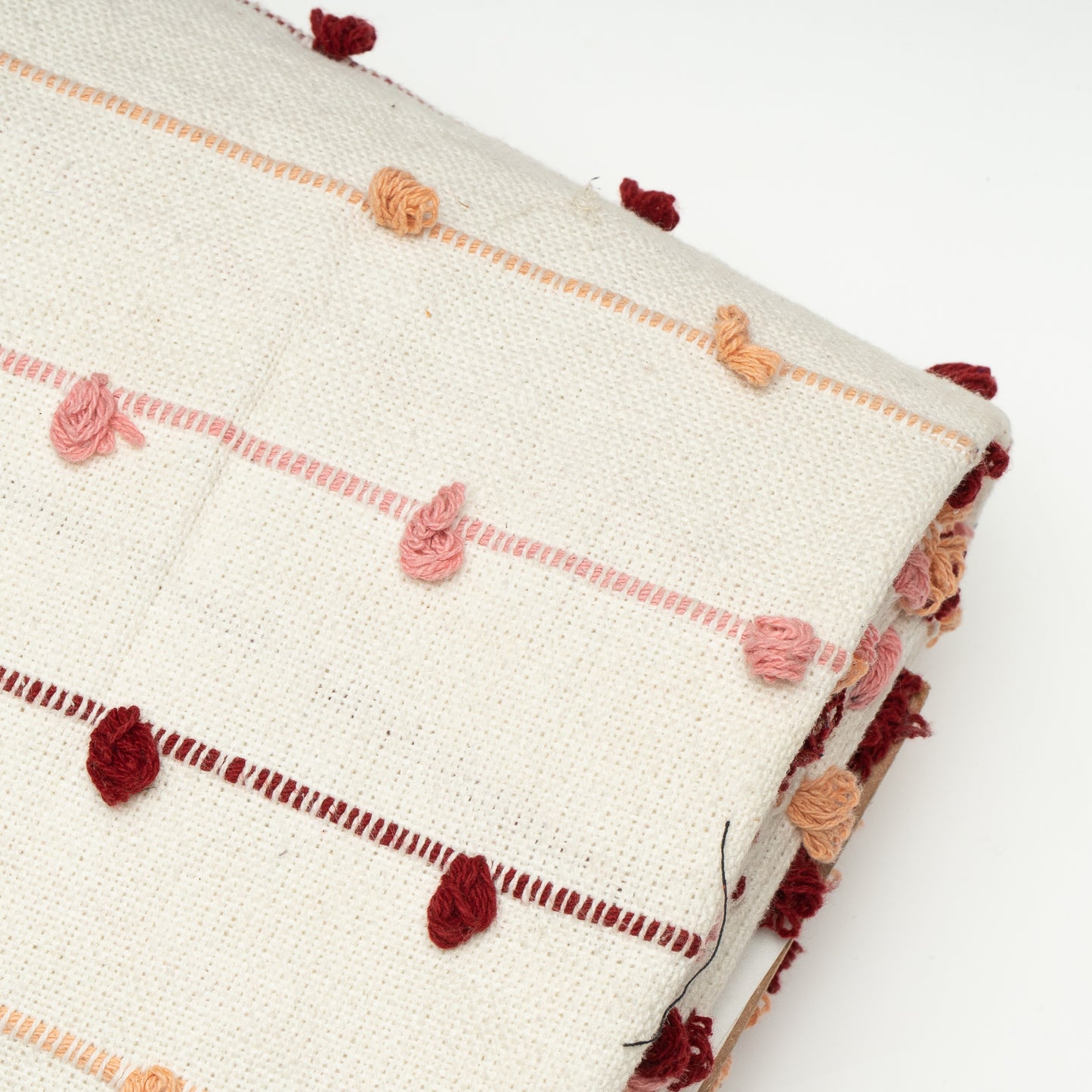 White, Red Pompom Cotton Jacquard Fabric (Sku: JDD-375)