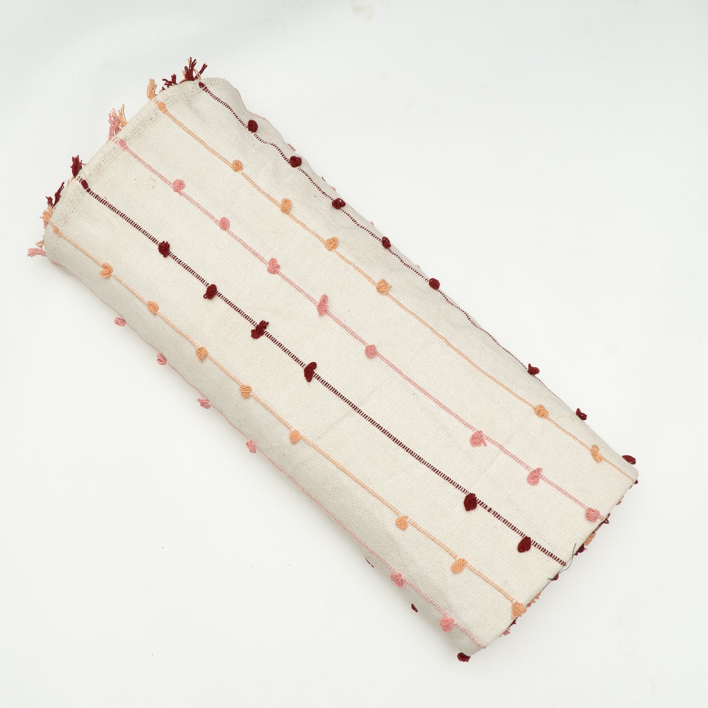 White, Red Pompom Cotton Jacquard Fabric (Sku: JDD-375)
