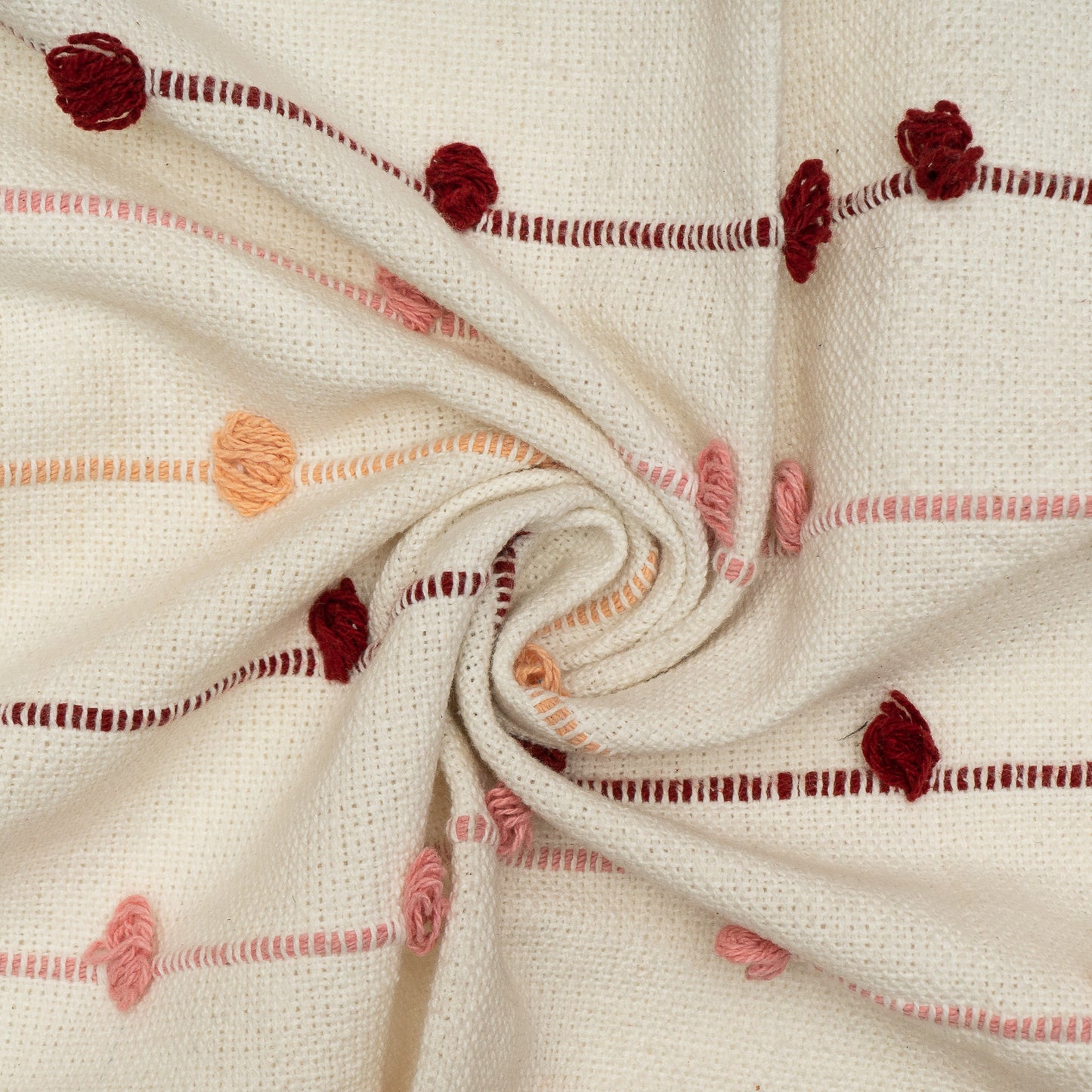 White, Red Pompom Cotton Jacquard Fabric (Sku: JDD-375)