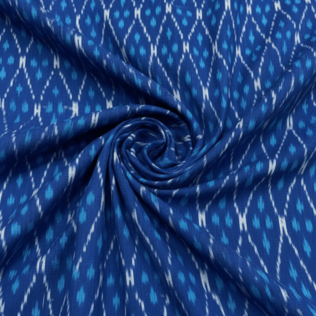 Blue, White Design Mercerised Cotton Handloom Ikat Fabric for Dress Material | Width: 44"