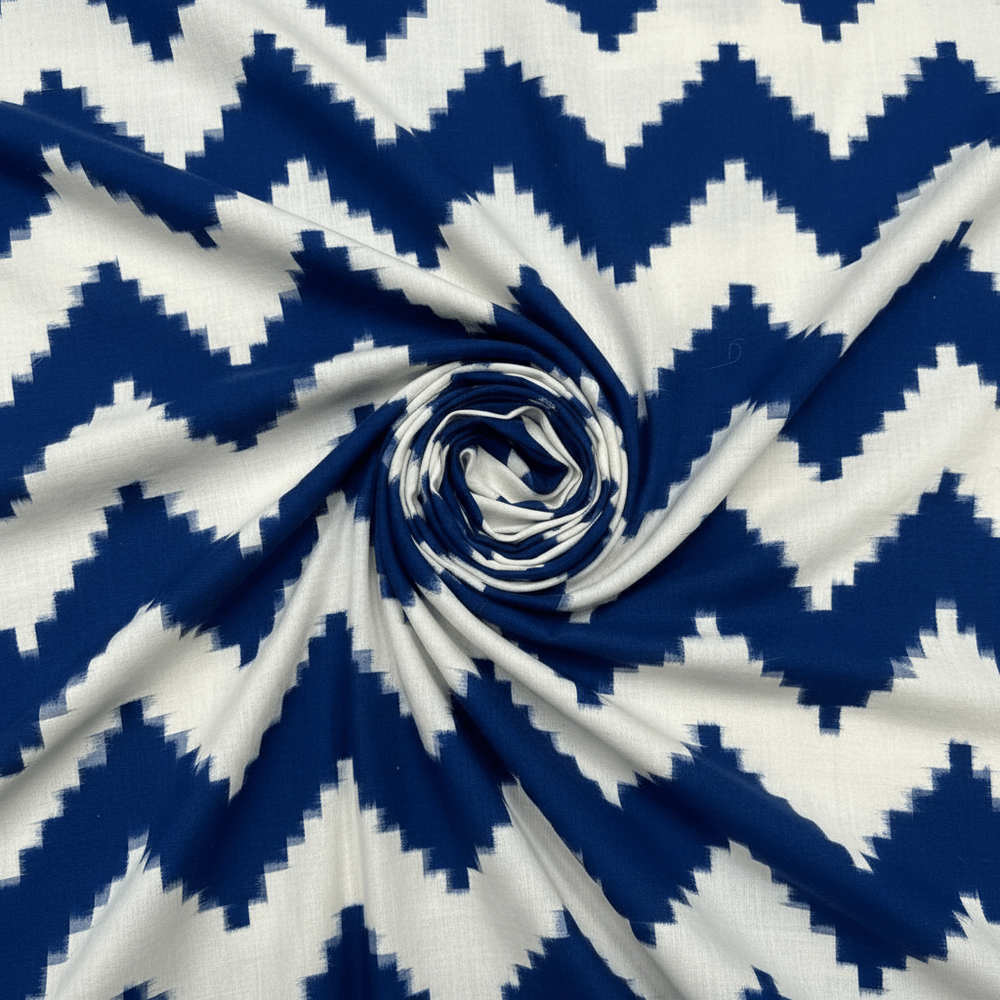 Blue & White Chevron Handwoven Cotton Double Ikat Fabric for Dresses | Width: 44"