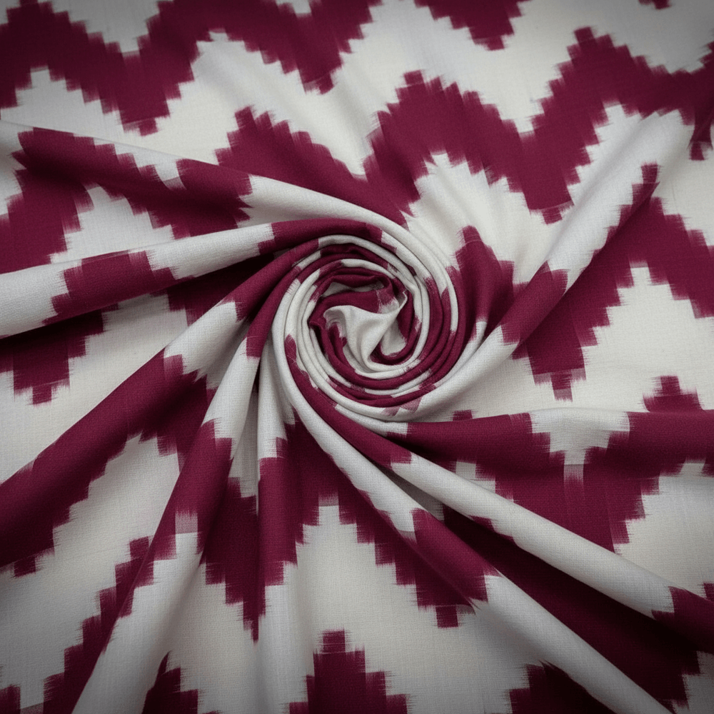 White & Pink Chevron Handwoven Cotton Double Ikat Fabric for Dresses | Width: 44"