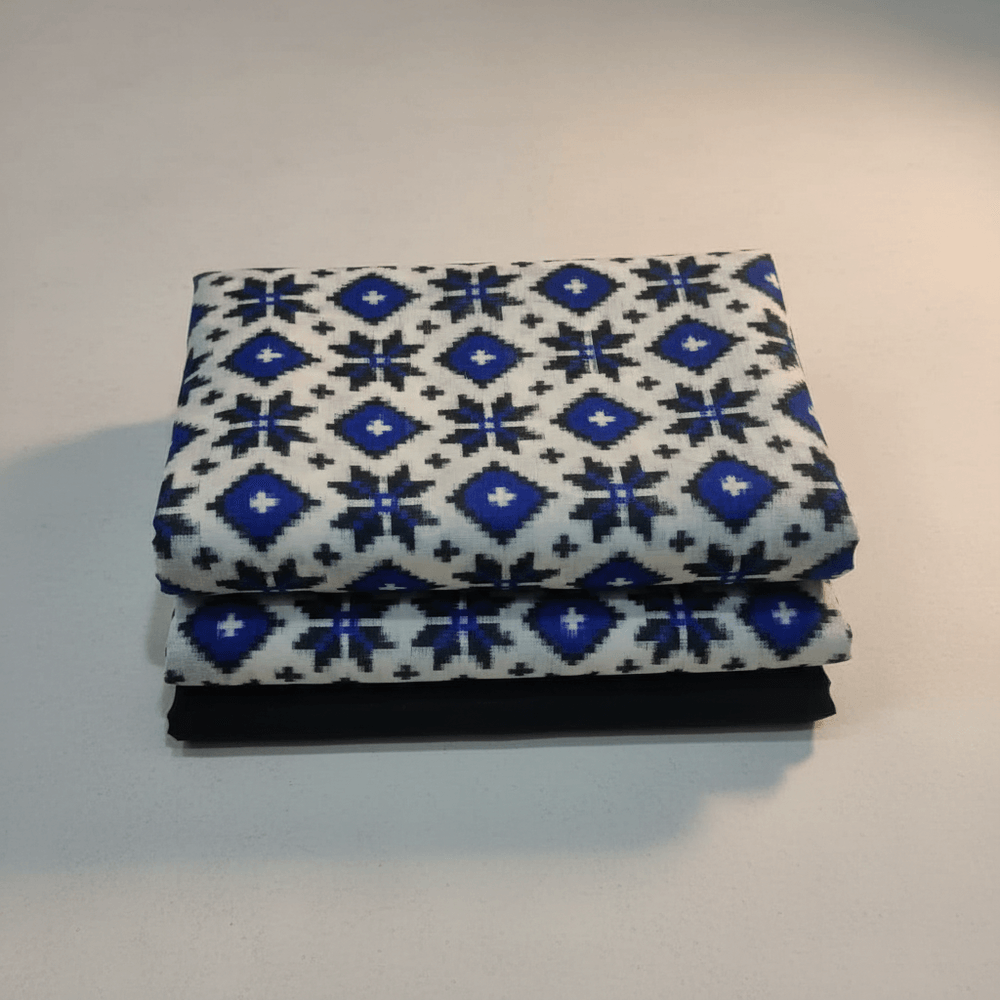 White Base Black & Blue Design Fine Quality Cotton Handwoven Ikat Fabric for Dress Material | Width: 44"