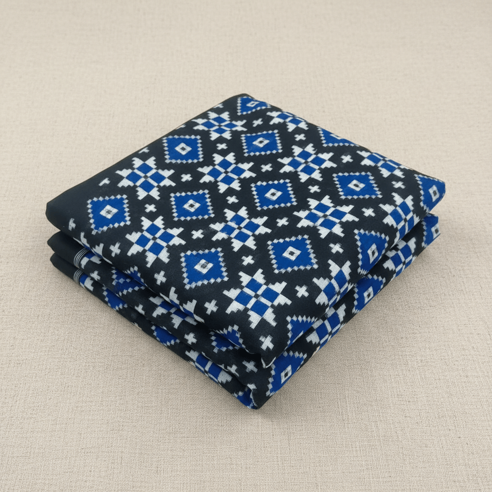 Black Base Blue Design Fine Quality Cotton Handwoven Ikat Fabric for Dress Material | Width: 44"