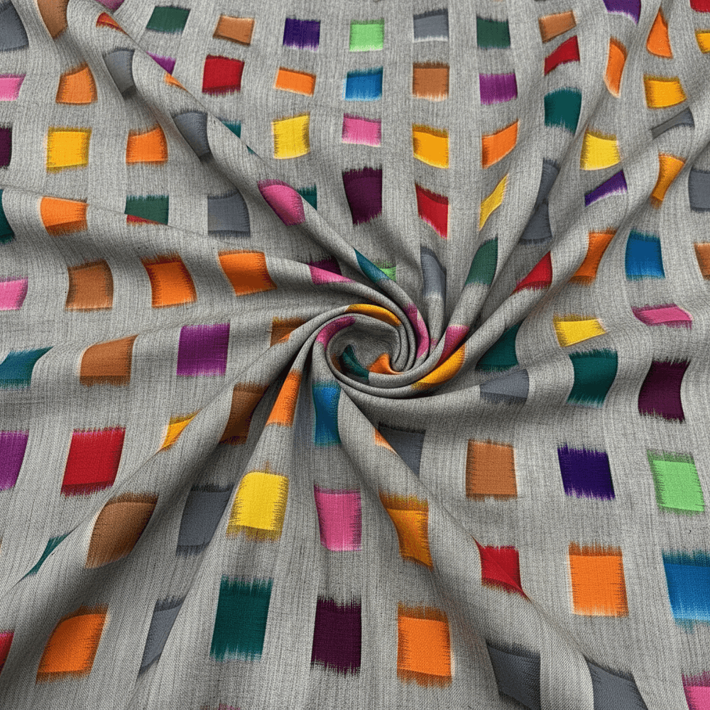 Grey Base Multicolor Square Handwoven Cotton Double Ikat Fabric for Dresses | Width: 44"