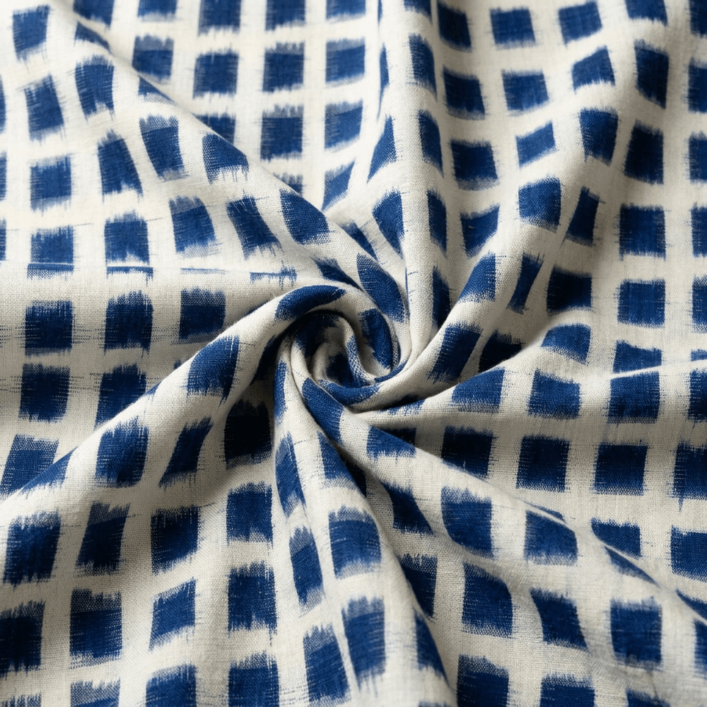 White & Blue Cotton Handloom Heavyweight Thick Double Ikat Fabric for Jackets & Upholstery | Width : 44"