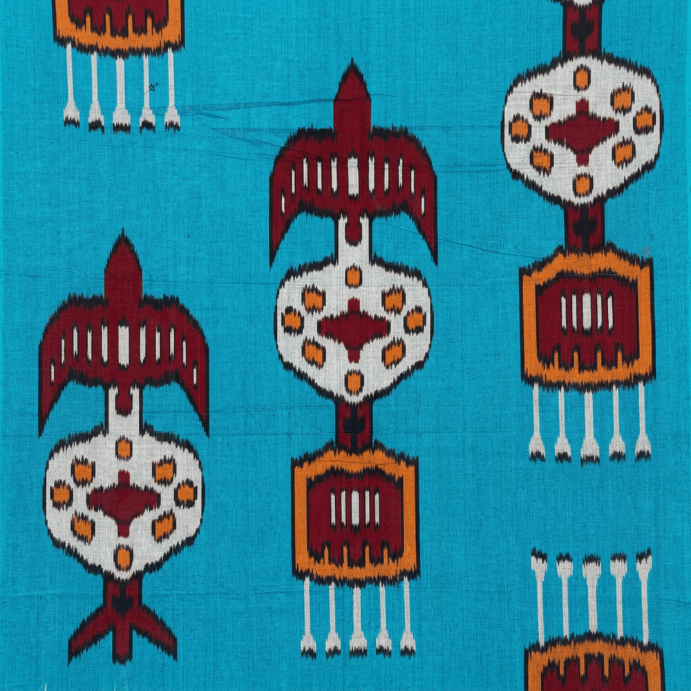 Blue Base Multicolor Big Pattern Fine Quality Cotton Handloom Ikat Fabric for Dresses | Width : 44"