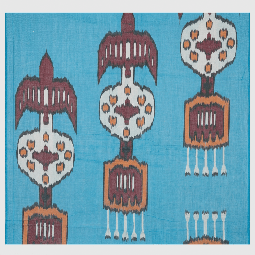 Blue Base Multicolor Big Pattern Fine Quality Cotton Handloom Ikat Fabric for Kaftaan Dress | Width : 44"