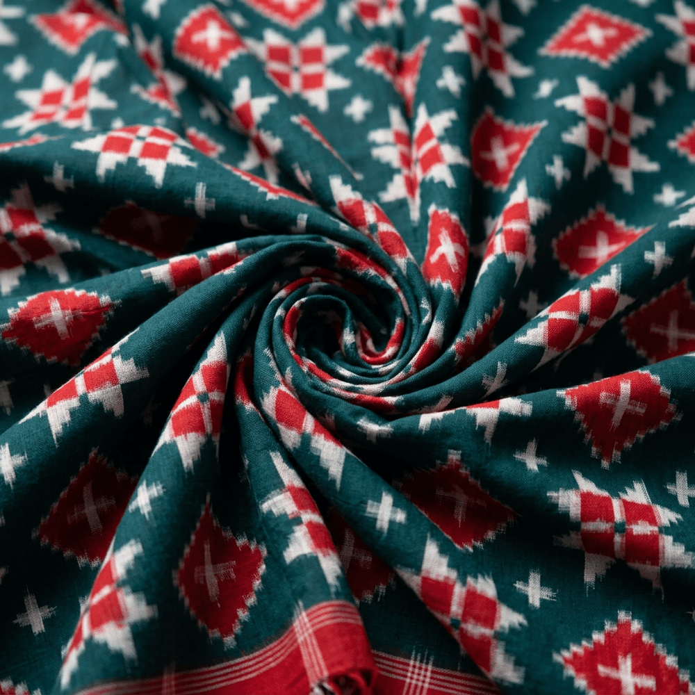 Red & Green Design Telia Rumal Fine Quality Cotton handwoven Ikat Fabric for Saree | Width : 44"