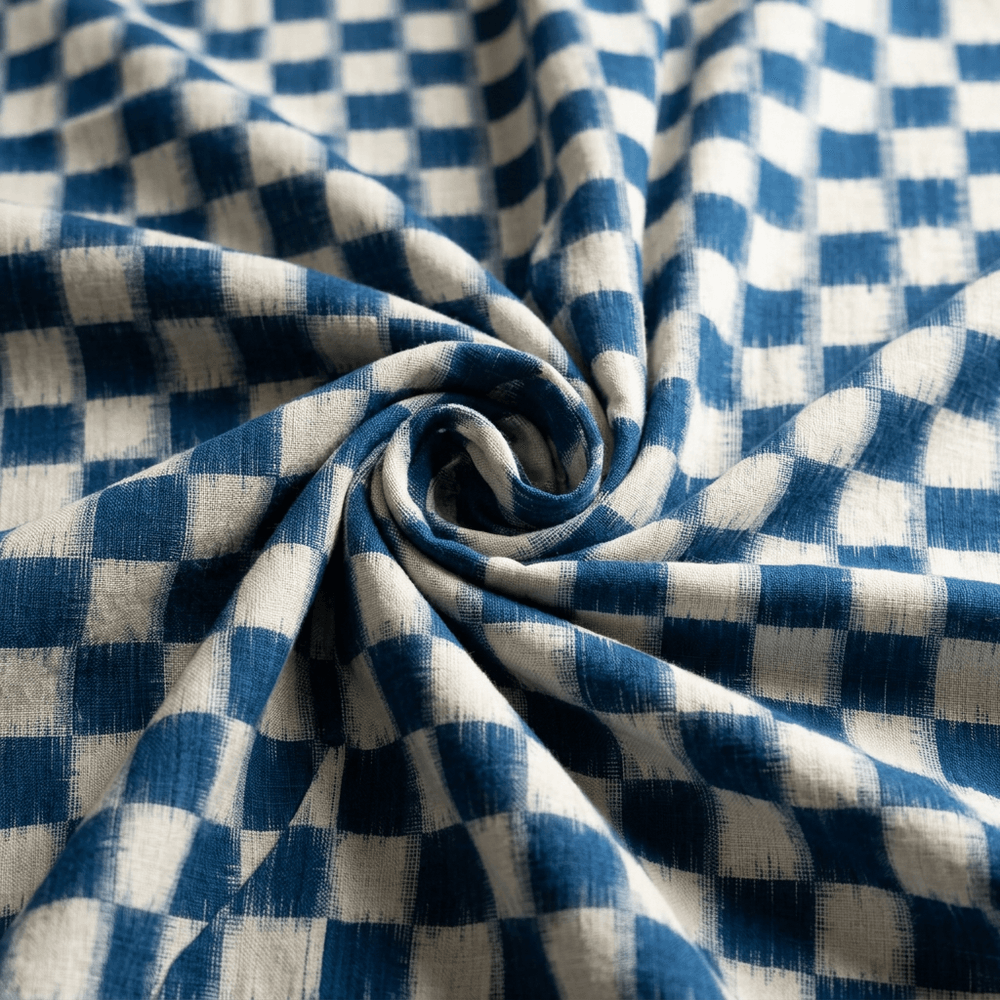 Blue & White Checks Handwoven Cotton Double Ikat Fabric for Dresses | Width: 44"