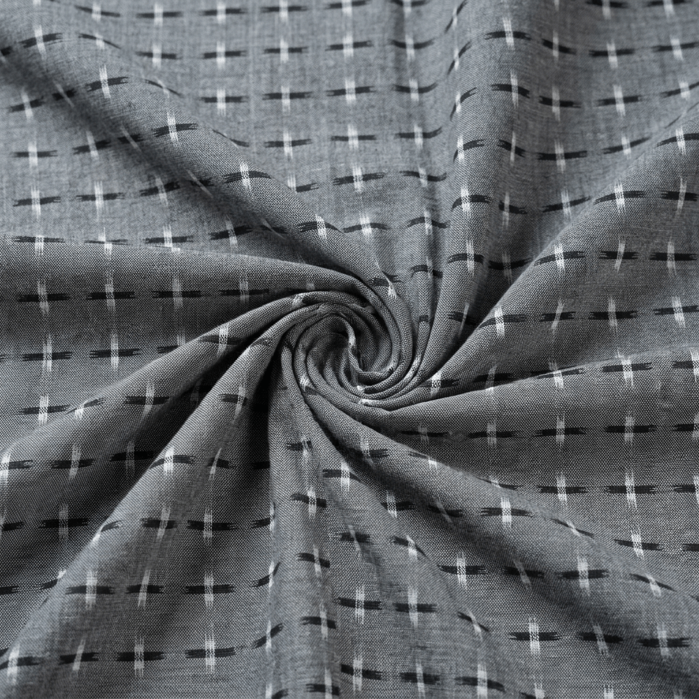 Grey & Black Plus Design Handwoven Cotton Double Ikat Fabric for Men's Shirt | Width : 44"