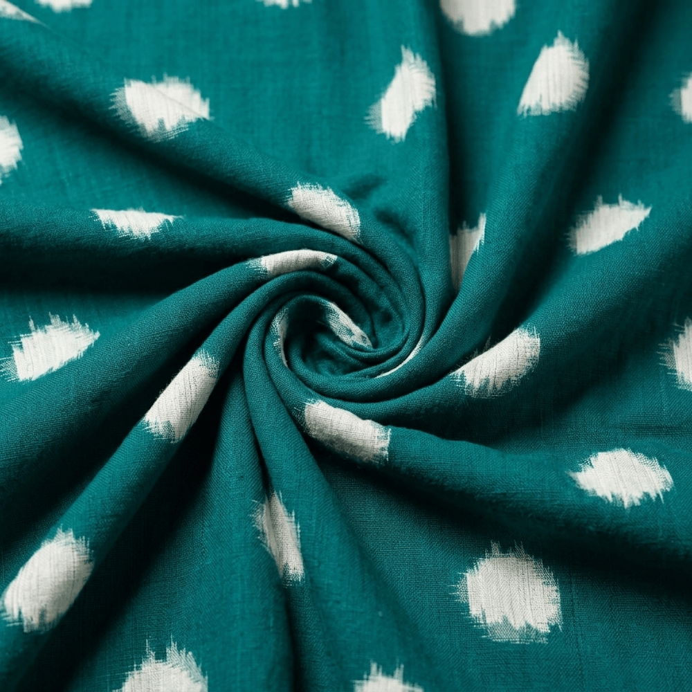 Green Base White Dot Handwoven Cotton Double Ikat Fabric for Dresses | Width: 44"