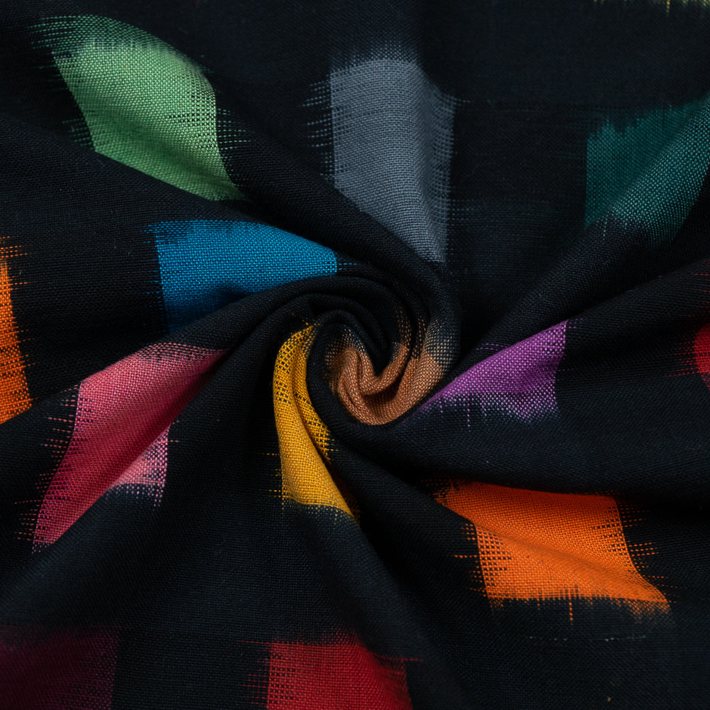 Black Base Multi Color Check Handwoven Cotton Double Ikat (Sku: IKK-479)