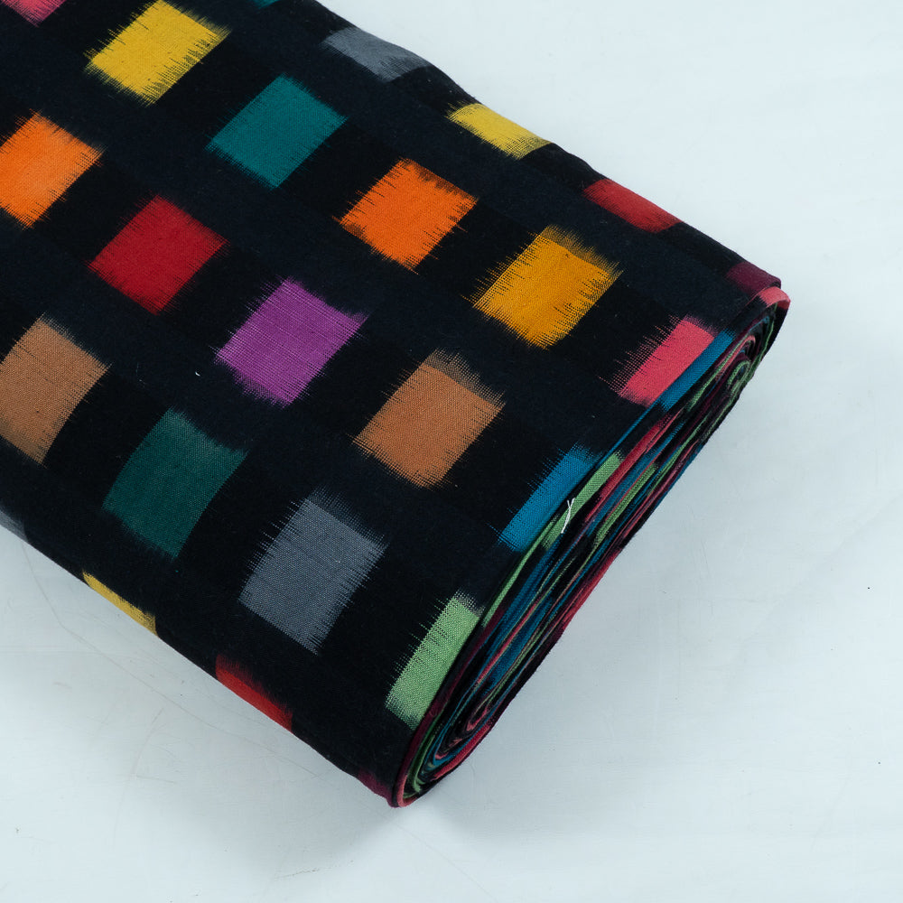 Black Base Multi Color Check Handwoven Cotton Double Ikat (Sku: IKK-479)