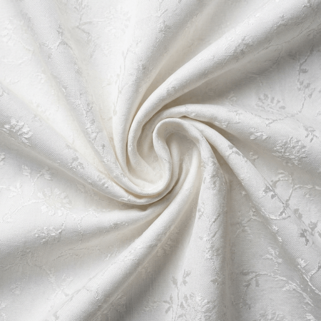 White Fancy Self Design Dyeable Cotton Blend Jacquard Fabric for Winter Dresses & Jackets | Width : 44"