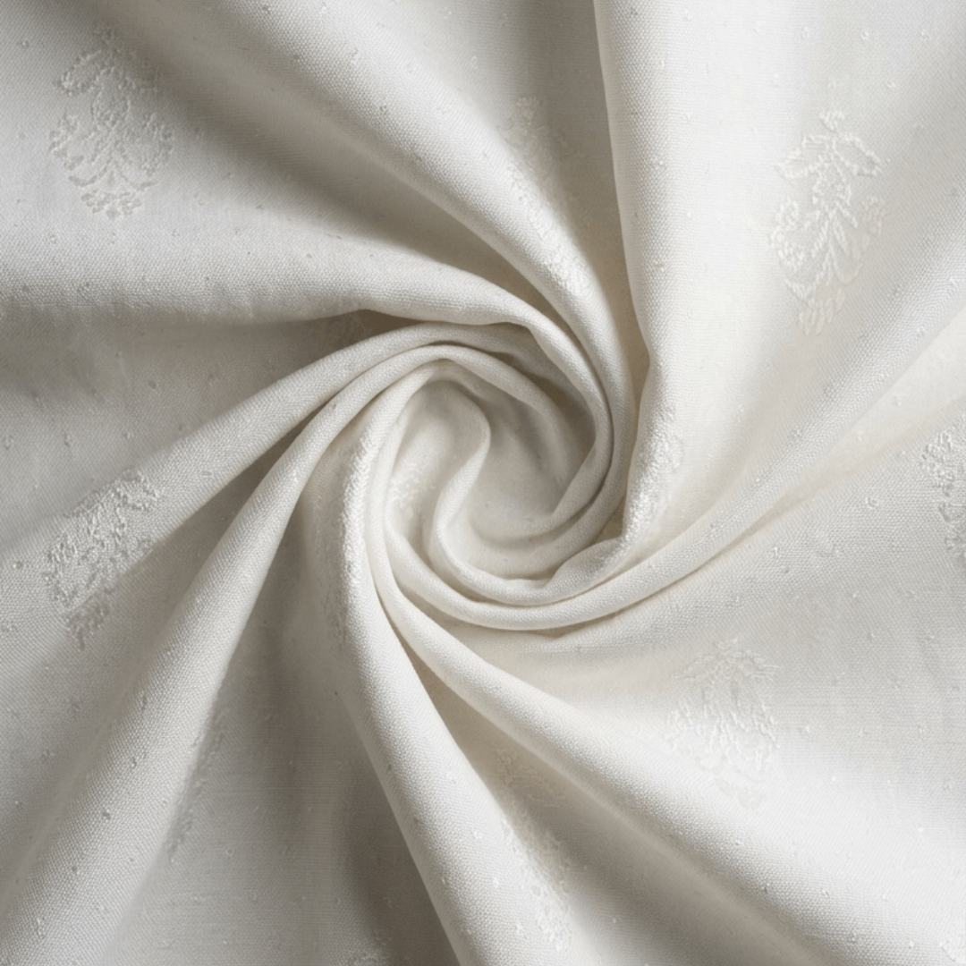 White Fancy Self Design Dyeable Cotton Blend Jacquard Fabric for Winter Dresses & Jackets | Width : 44"