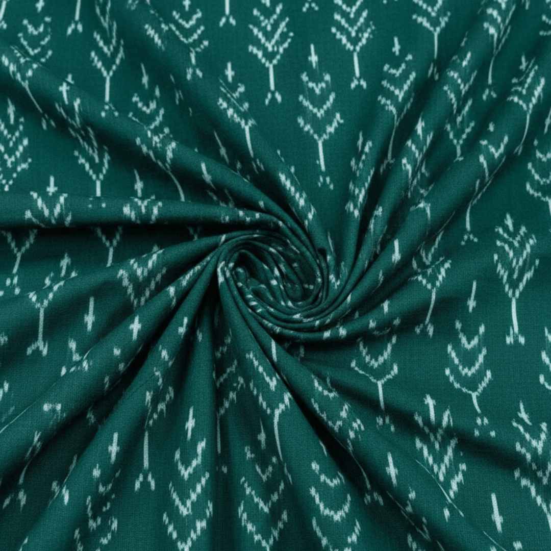 Green, White Design Mercerised Cotton Handloom Ikat Fabric for Dress Material | Width: 44"