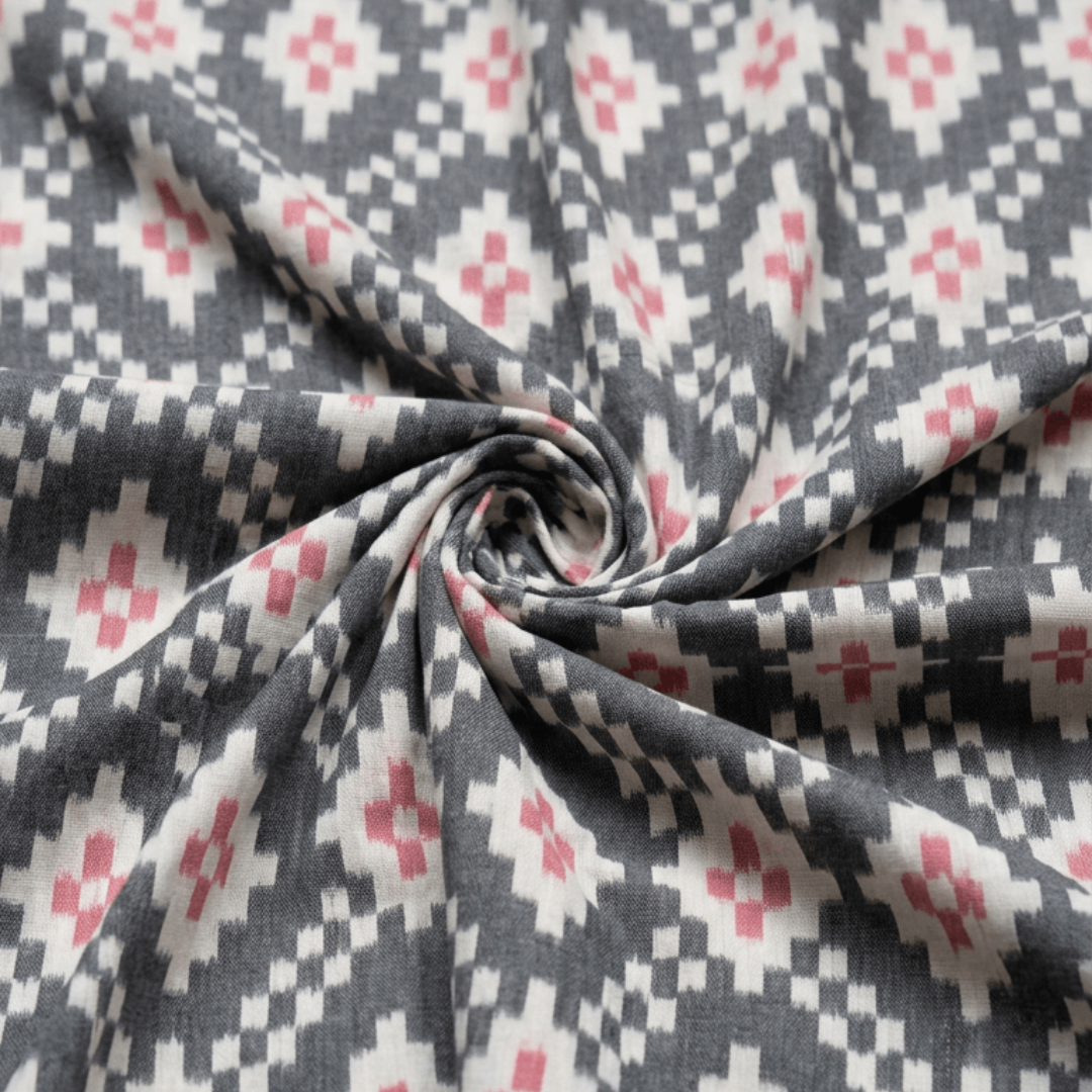 White & Grey Design Fine Quality Handloom Cotton Ikat Fabric for Dress Material | Width: 44"