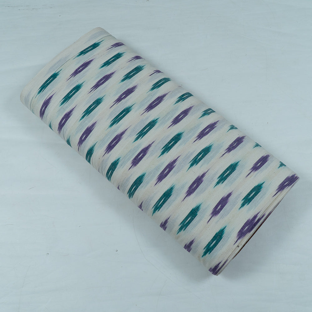 White Base Green & Purple Cotton Handloom Ikat Fabric for Dresses | Width: 44"