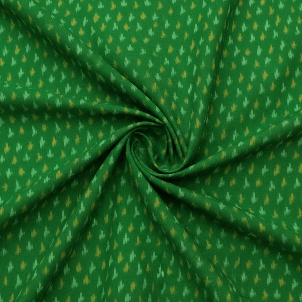 Green Base Handwoven Cotton Silk Ikat Fabric for Dress Material | Width: 44"