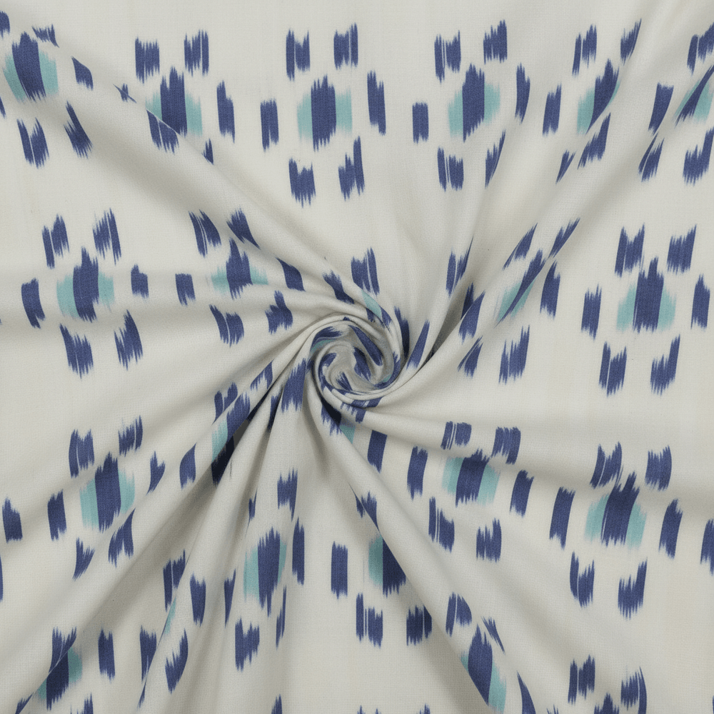 White Base Blue Circle Design on Fine Quality Cotton Handloom Ikat | SKU: IK-549