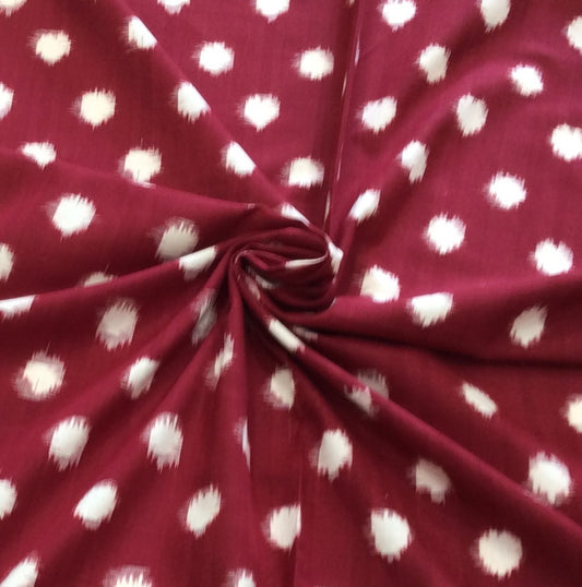 Maroon, White Dot Handloom Fine Quality Cotton Double Ikat (Width: 44 inches or 112 cm)