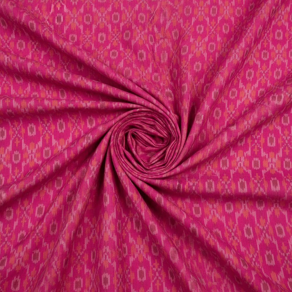 Pink base Multicolor Handloom Cotton Silk Ikat Fabric for Dress Material | Width: 44"