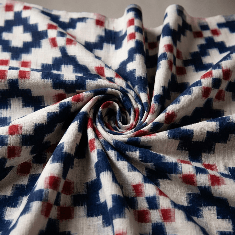 Blue & White, Red Telia Rumal Fine Cotton Handwoven Ikat Fabric for Dresses | Width : 44"