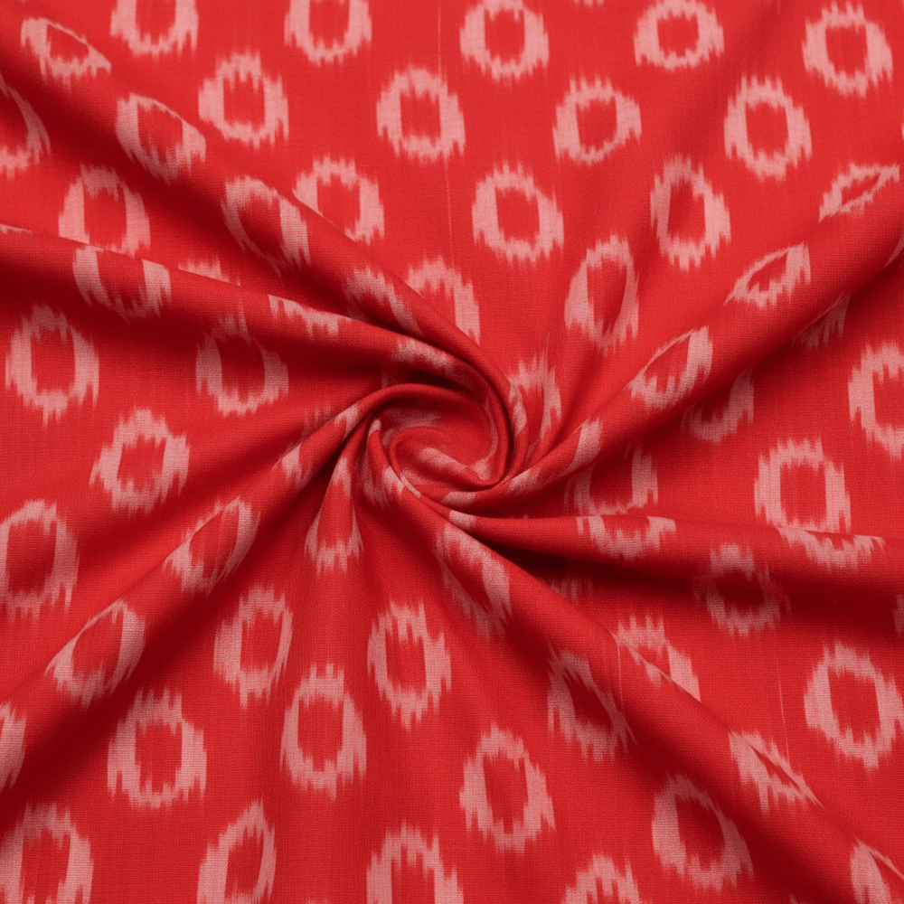 Red, Circle Cotton Handloom Ikat Fabric for Dress Material | Width: 44"