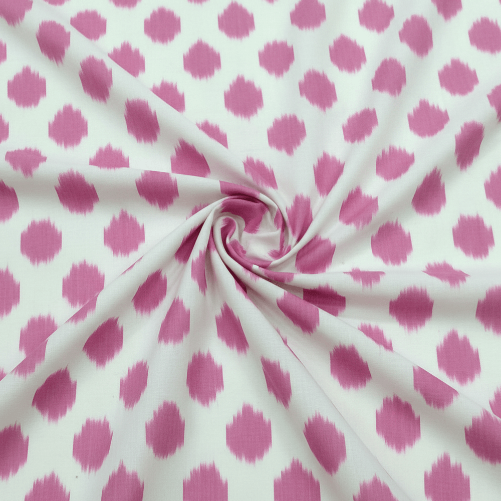 White, Pink Dot Cotton Handloom Ikat Fabric for Dress Material | Width: 44"