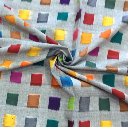 Grey Base 13 Color Squares Cotton Handwoven Double Ikat (Width: 44 inches or 112 cm)