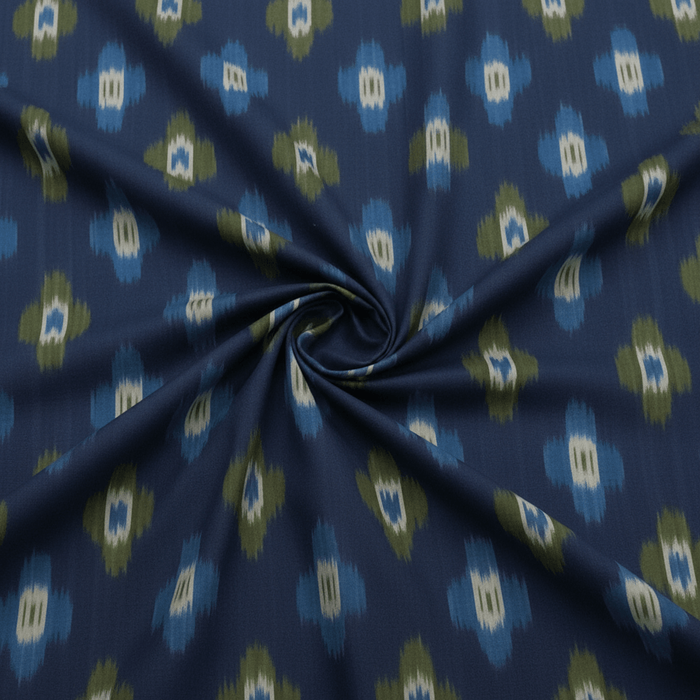 Blue & Green Fine Quality Cotton Handloom Ikat for Dress Material Fabric for Dress Material | Width: 44"