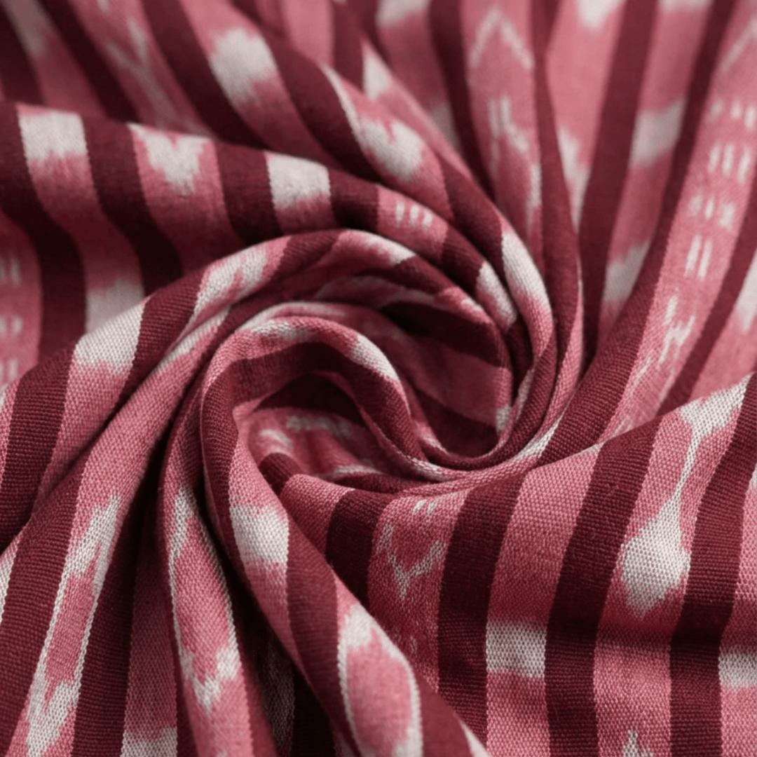 Maroon & Pink Stripe Cotton Handloom Heavyweight Thick Ikat Fabric for Jackets & Furnishing | Width : 54"