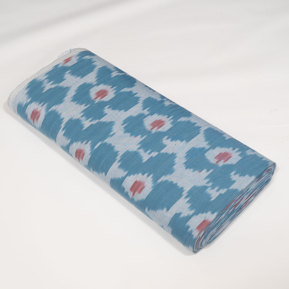 Blue & Peach Floral Fine Quality Cotton Handloom Ikat Fabric for Dresses | Width: 44"