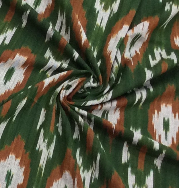 Green & Brown Cotton Woven Handloom Thick Ikat (Width: 44 inch or 112 cm)