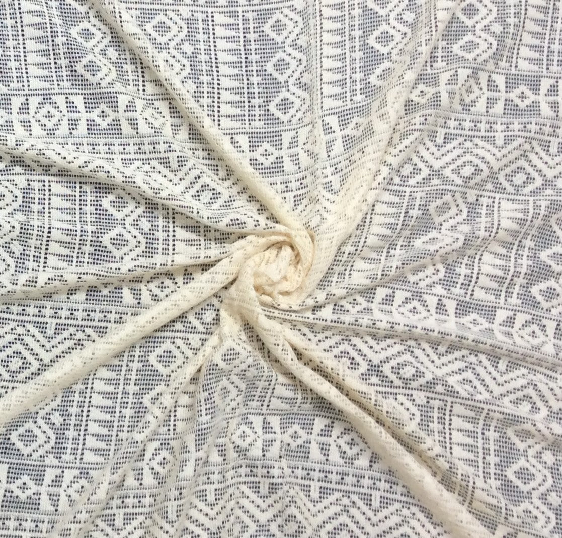 Off White Geometric Design Cotton Dyeable Net Fabric