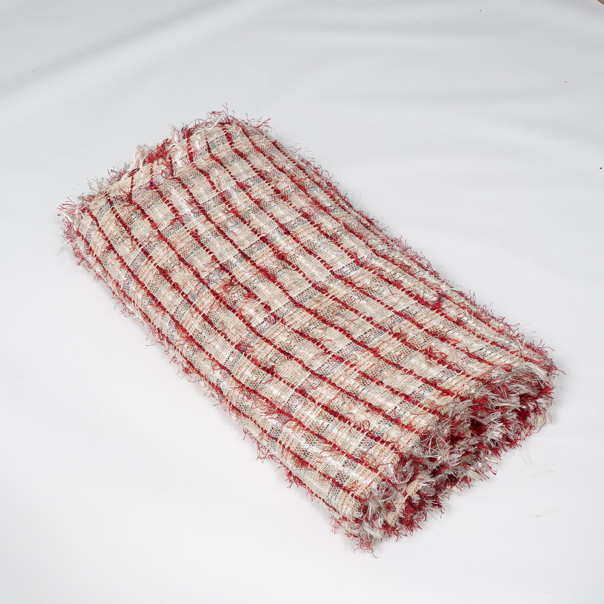 Cream & Red Fringes Cotton Blend Jacquard Fabric for Furnishing | Width : 44"