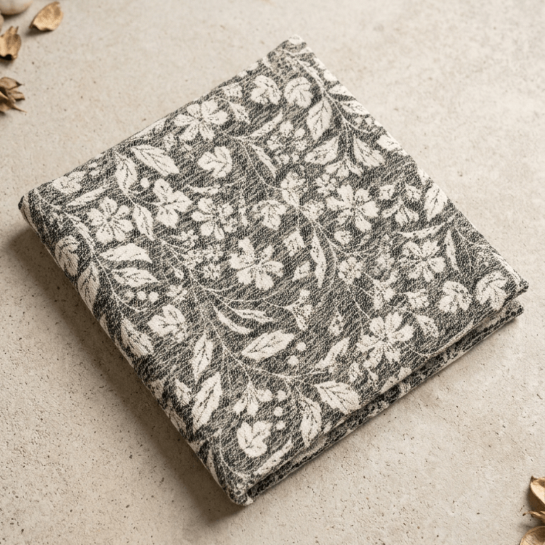 Grey Floral Design Cotton Velvet Blend Heavy Jacquard Fabric for Furnishing | SKU: JDD-519