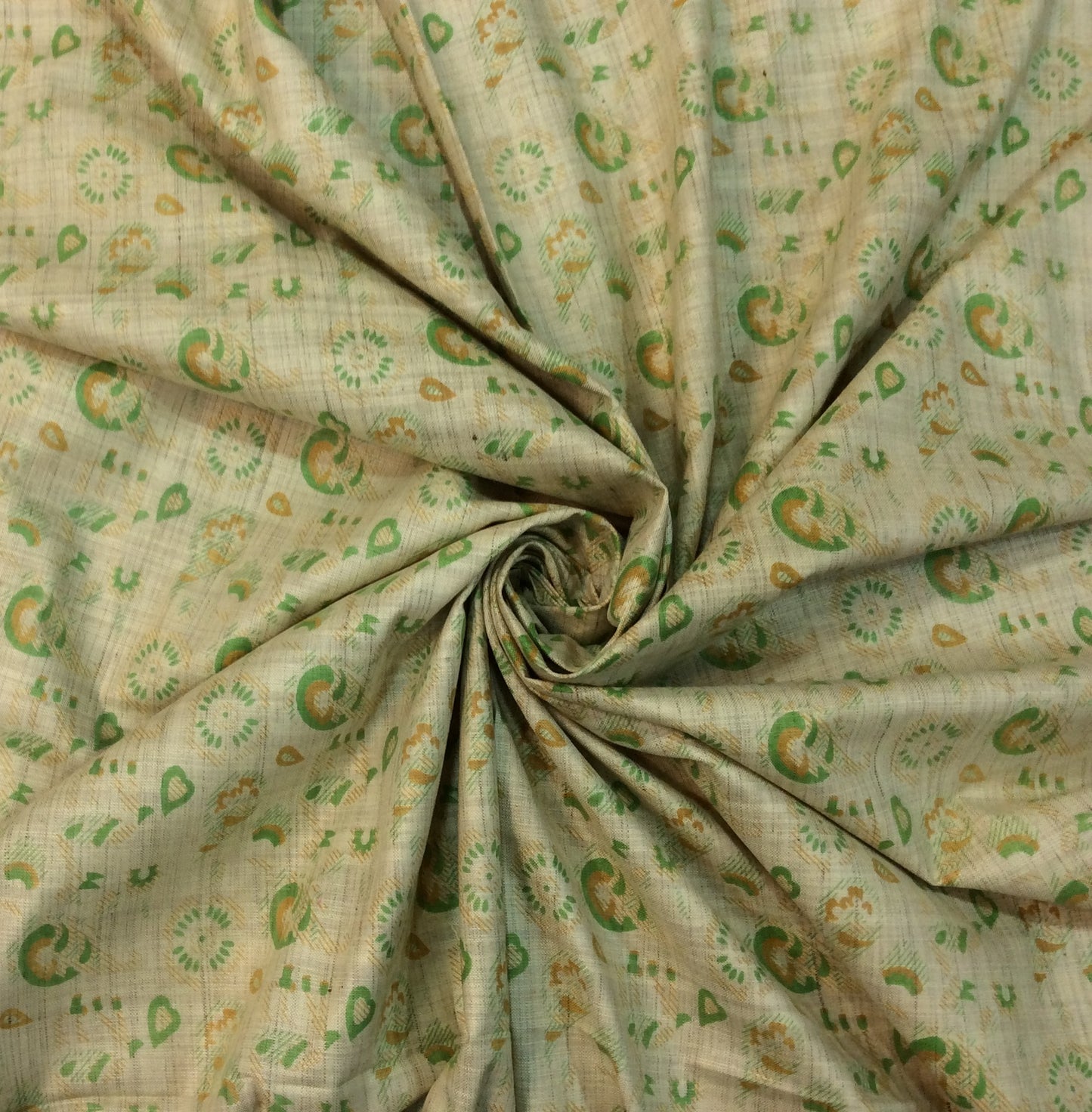 Green & Beige Traditional Print Khadi Fabric