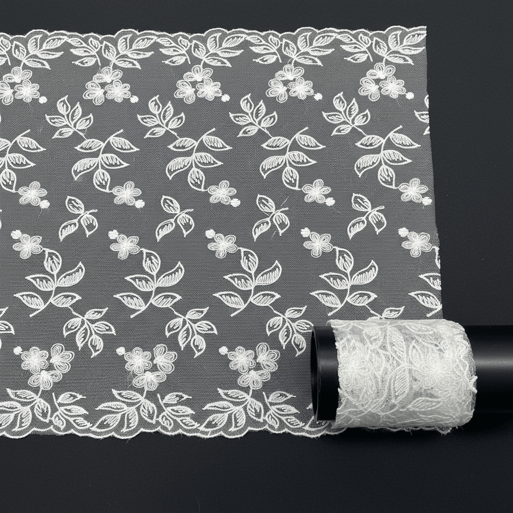 White Cotton Dyeable Net Embroidered Lace (Width : 9 Inch & Sku: NL-36)