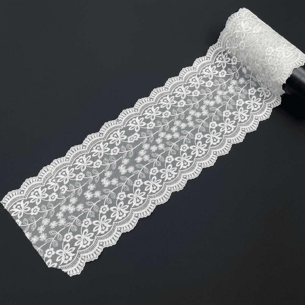 White Cotton Dyeable Net Embroidered Lace (Width : 8 Inch & Sku: NL-49)