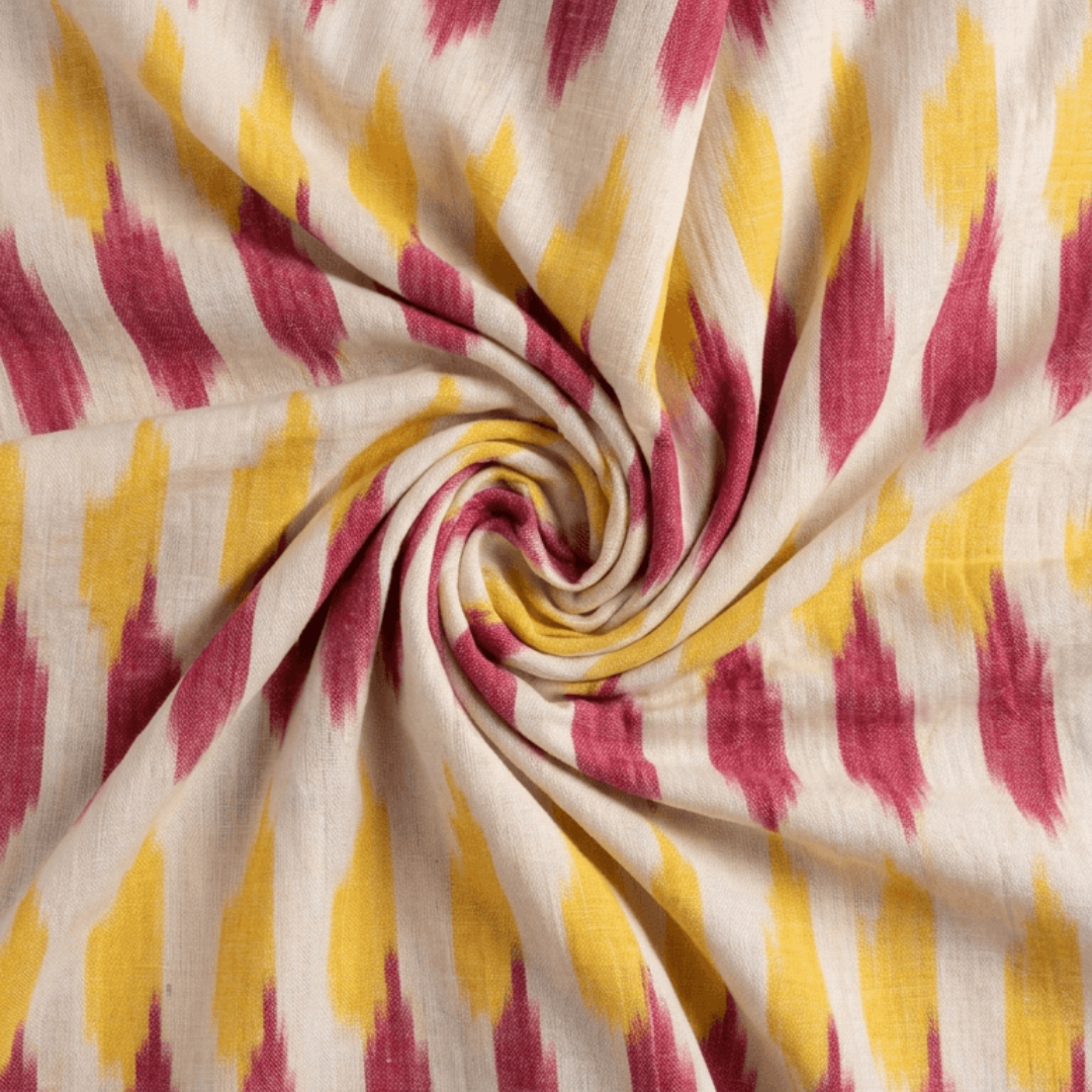 Off White, Yellow & Pink Design Fine Quality Cotton Handloom Ikat Fabric for Dress Material | Width: 44"