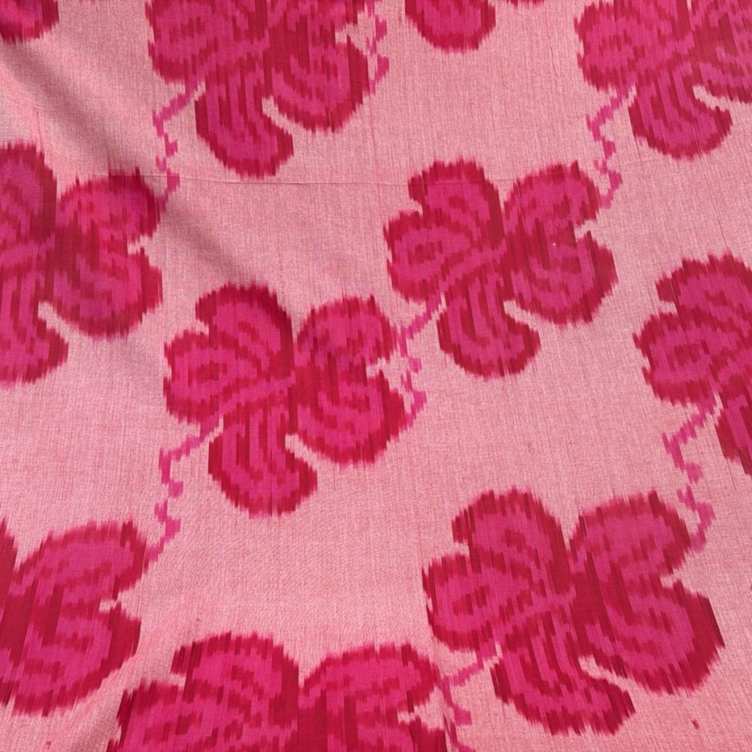 Red & Pink Big Floral Pattern Fine Quality Handloom Cotton Ikat Fabric for Dresses | Width: 44"