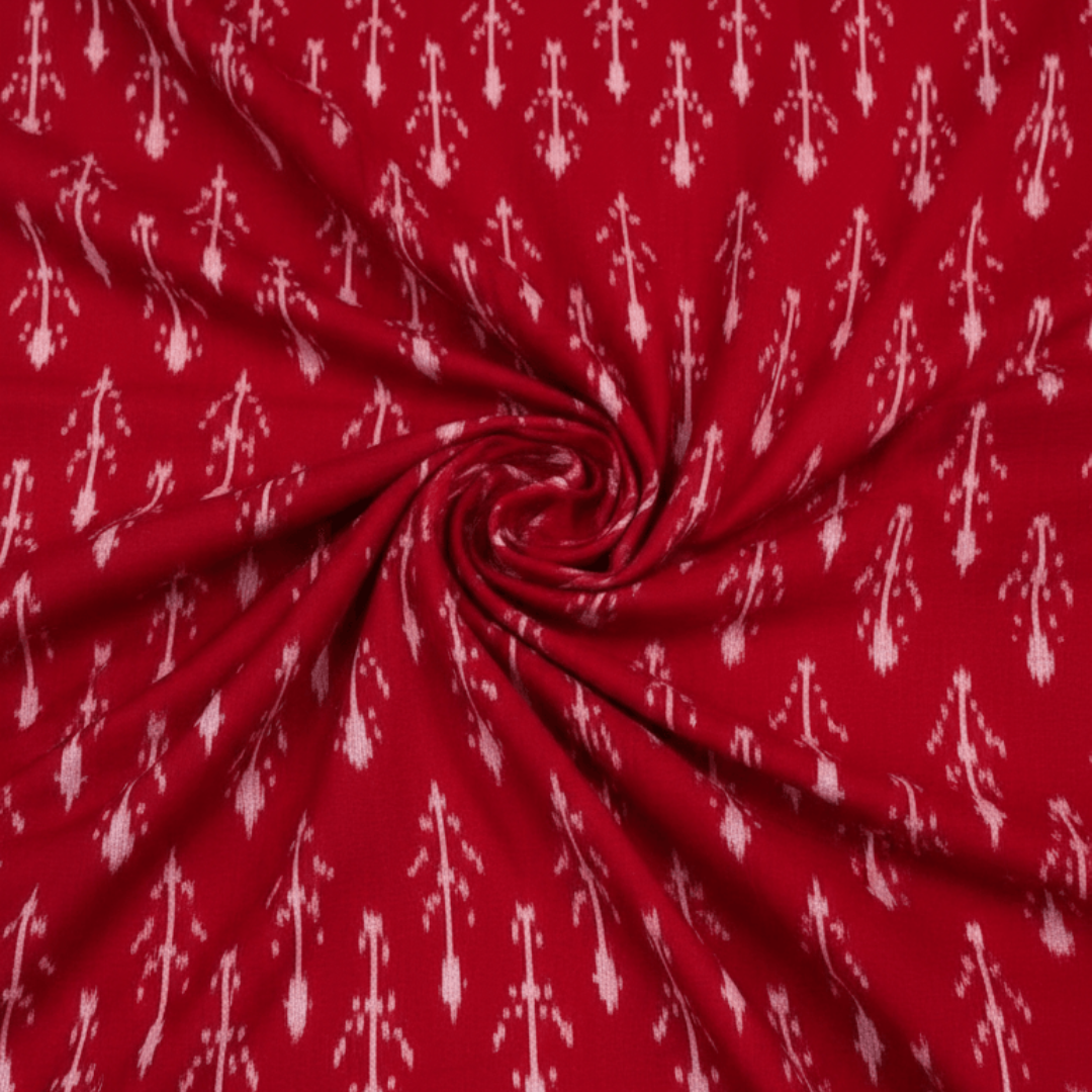 Red, White Design Mercerised Cotton Handloom Ikat Fabric for Dress Material | Width: 44"