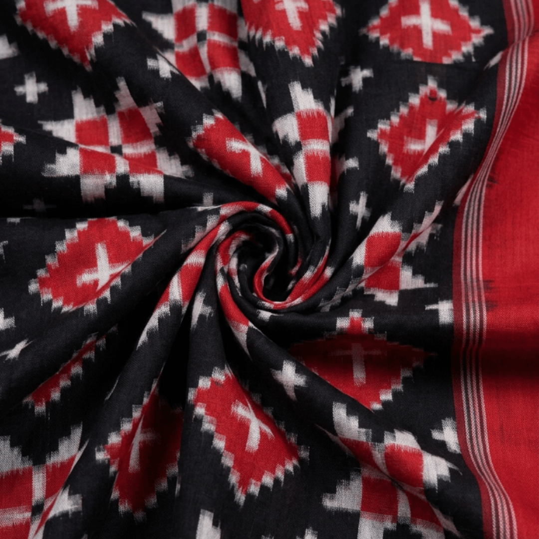 Red & Black Telia Rumal Mulmul Handwoven Cotton Ikat for Dress Material | Width: 44"