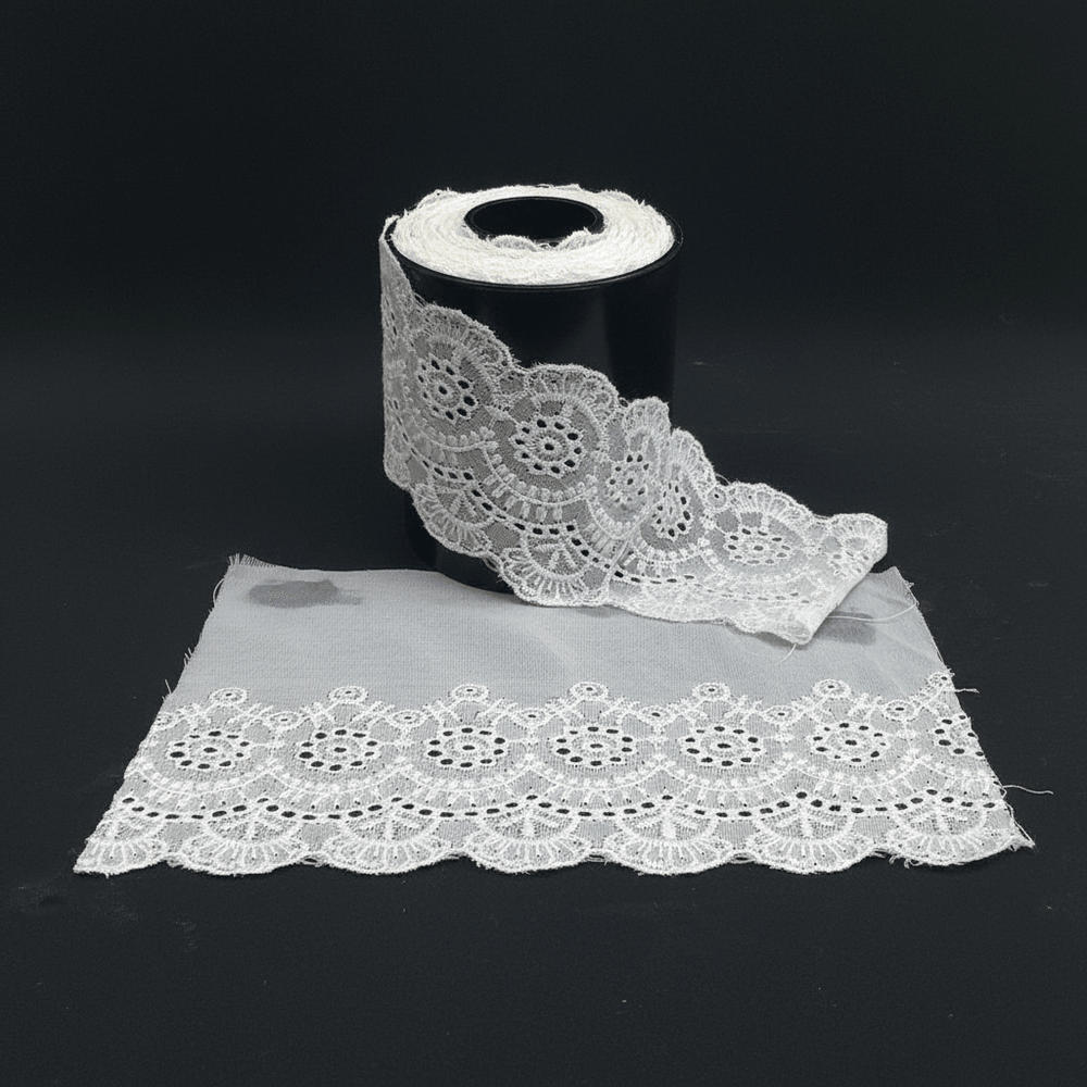 White Cotton Dyeable Schiffli Lace (Width : 5 Inch & Sku: S-96)