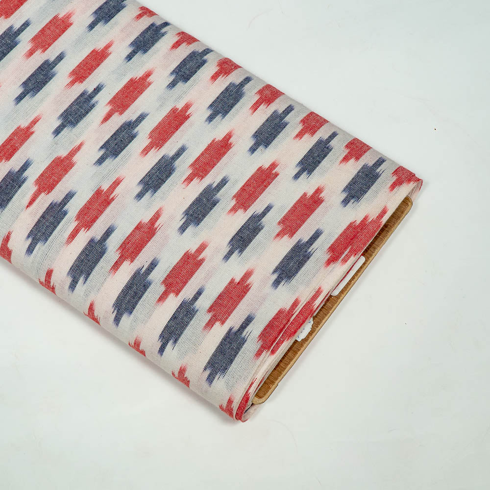 White Base Red & Blue Small Design Cotton Handloom Ikat (SKU: I-818)