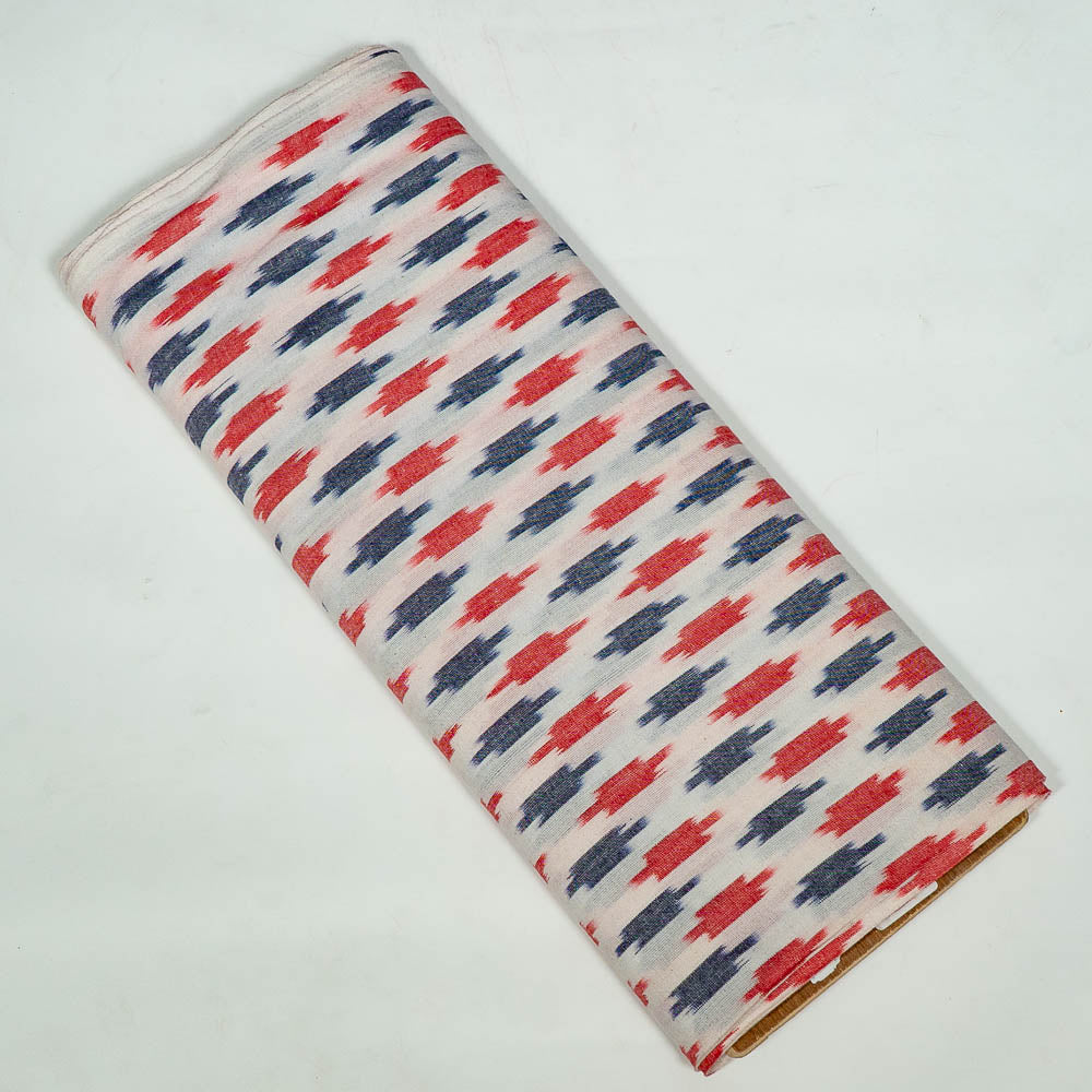 White Base Red & Blue Small Design Cotton Handloom Ikat (SKU: I-818)