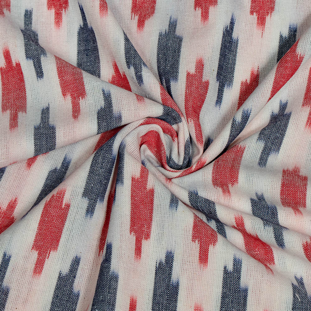 White Base Red & Blue Small Design Cotton Handloom Ikat (SKU: I-818)