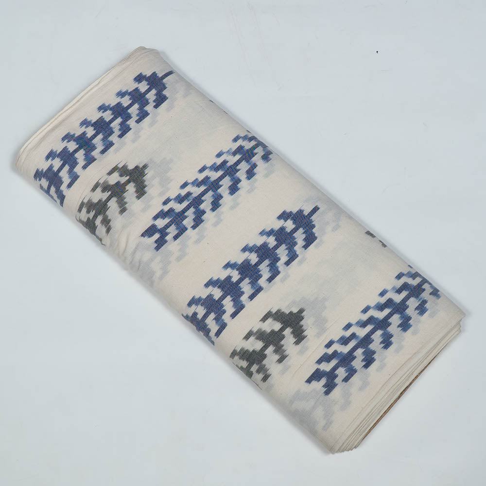 White Base Blue Leaf Pattern Cotton Handloom Ikat (SKU: IK-127)